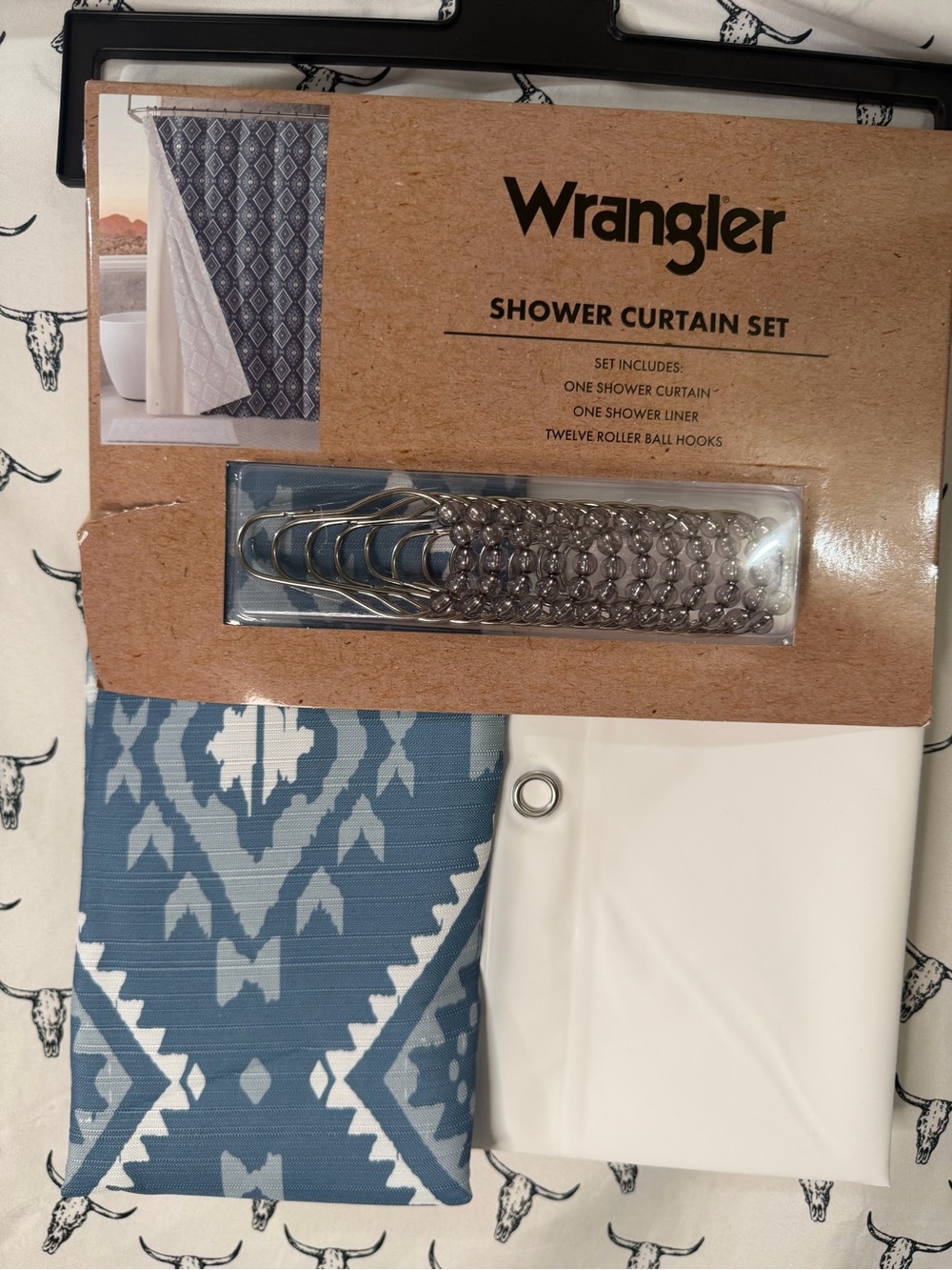 Wrangler Blue and White Geometric Shower Curtain Set